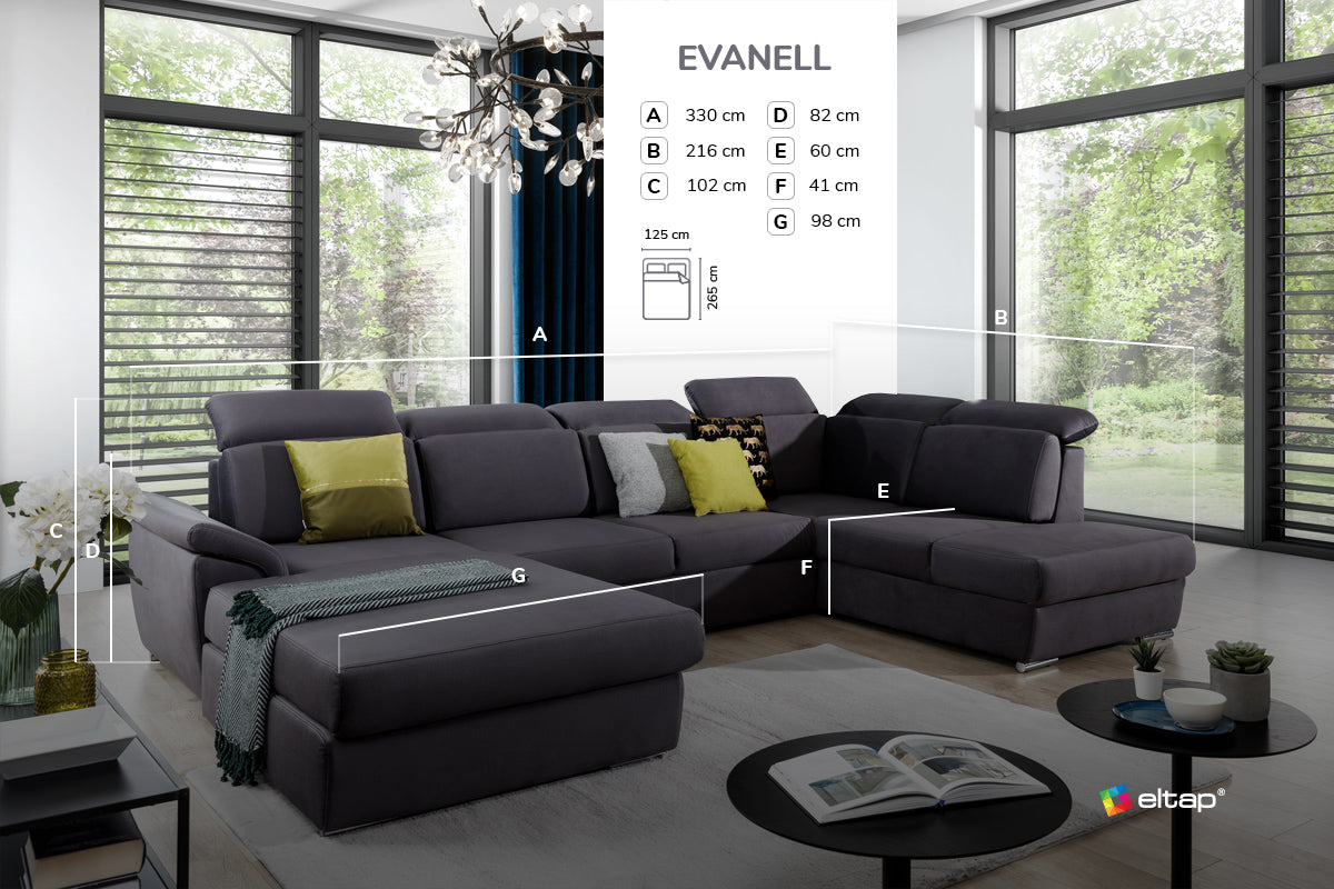 Sofá en U moderno (2 chaiselongs) con cama y arcón - Evanell