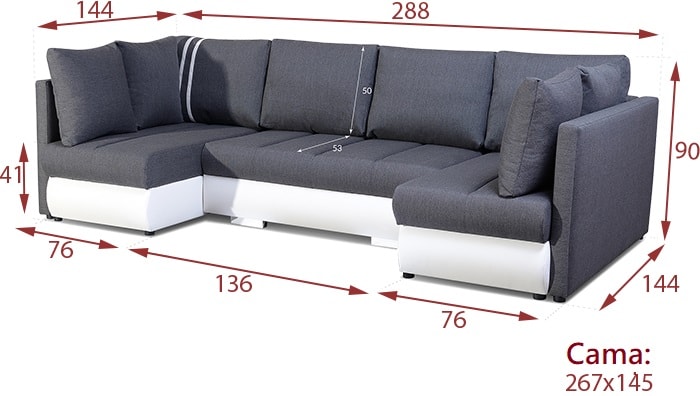 Sofá en forma de U pequeño con cama, 2 chaise longue y 3 arcones – Bora