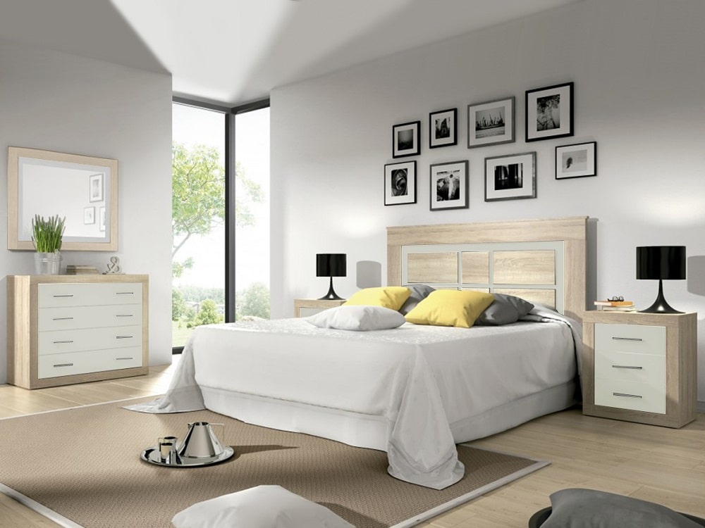 Conjunto de dormitorio moderno: cabecero, 2 mesitas, cómoda, espejo – Lara 02 amb.1
